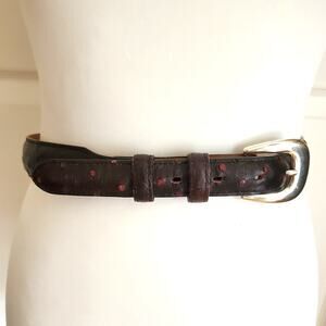 Nocona Dark Brown Red Leather Belt Ostrich Pattern Silver Tone Buckle Western 32